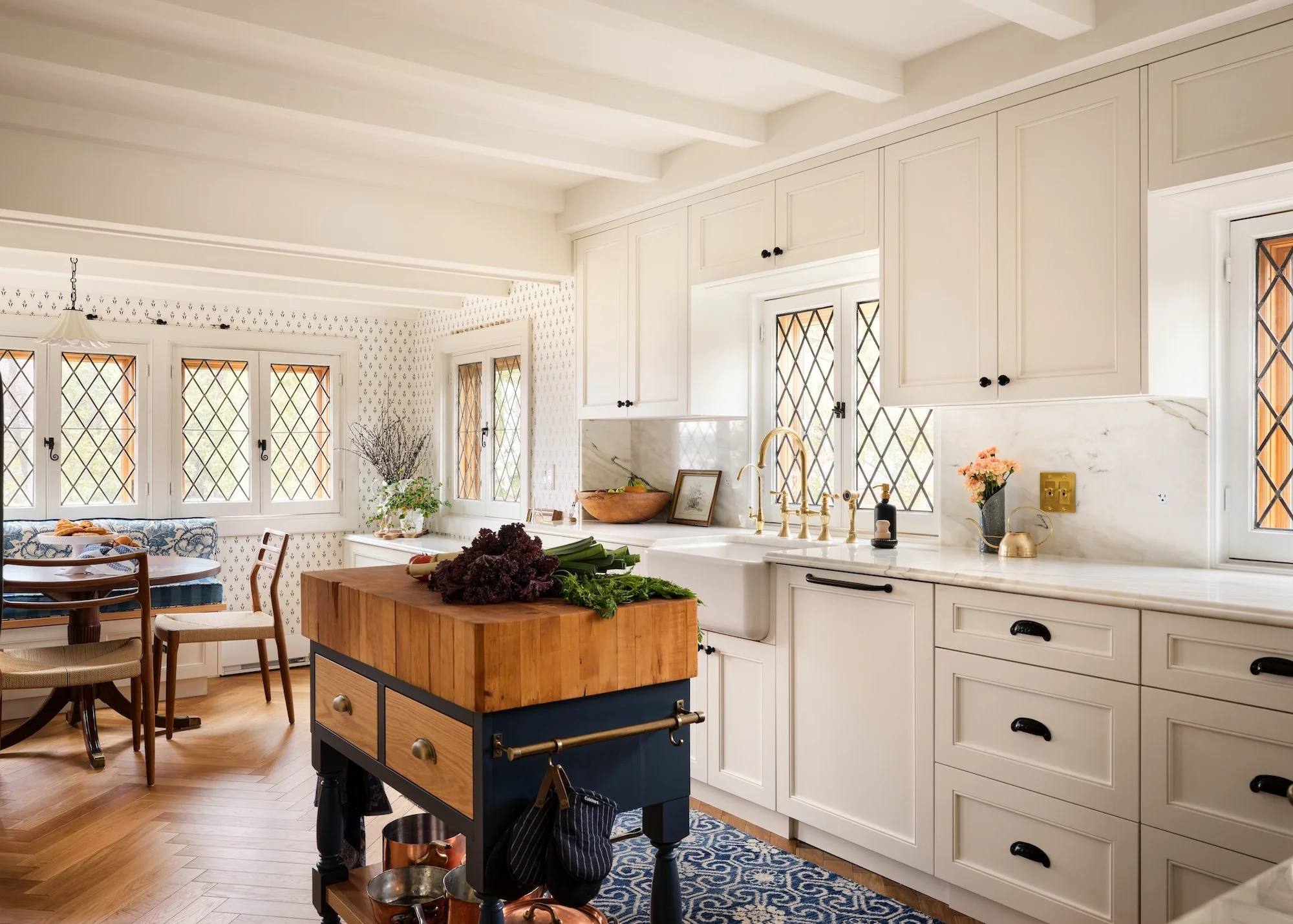 Historic Lakeside cottage kitchen island stove sink