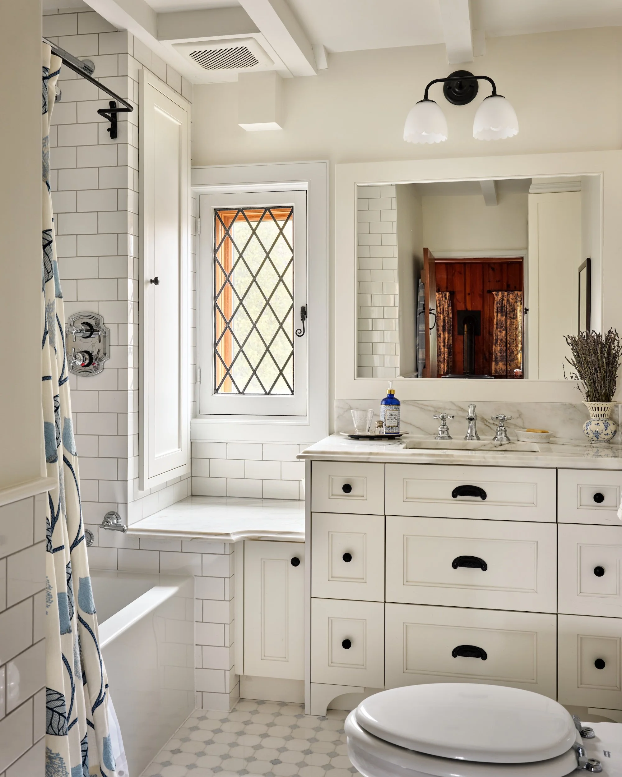 Historic Lakeside cottage bathroom leaded glass