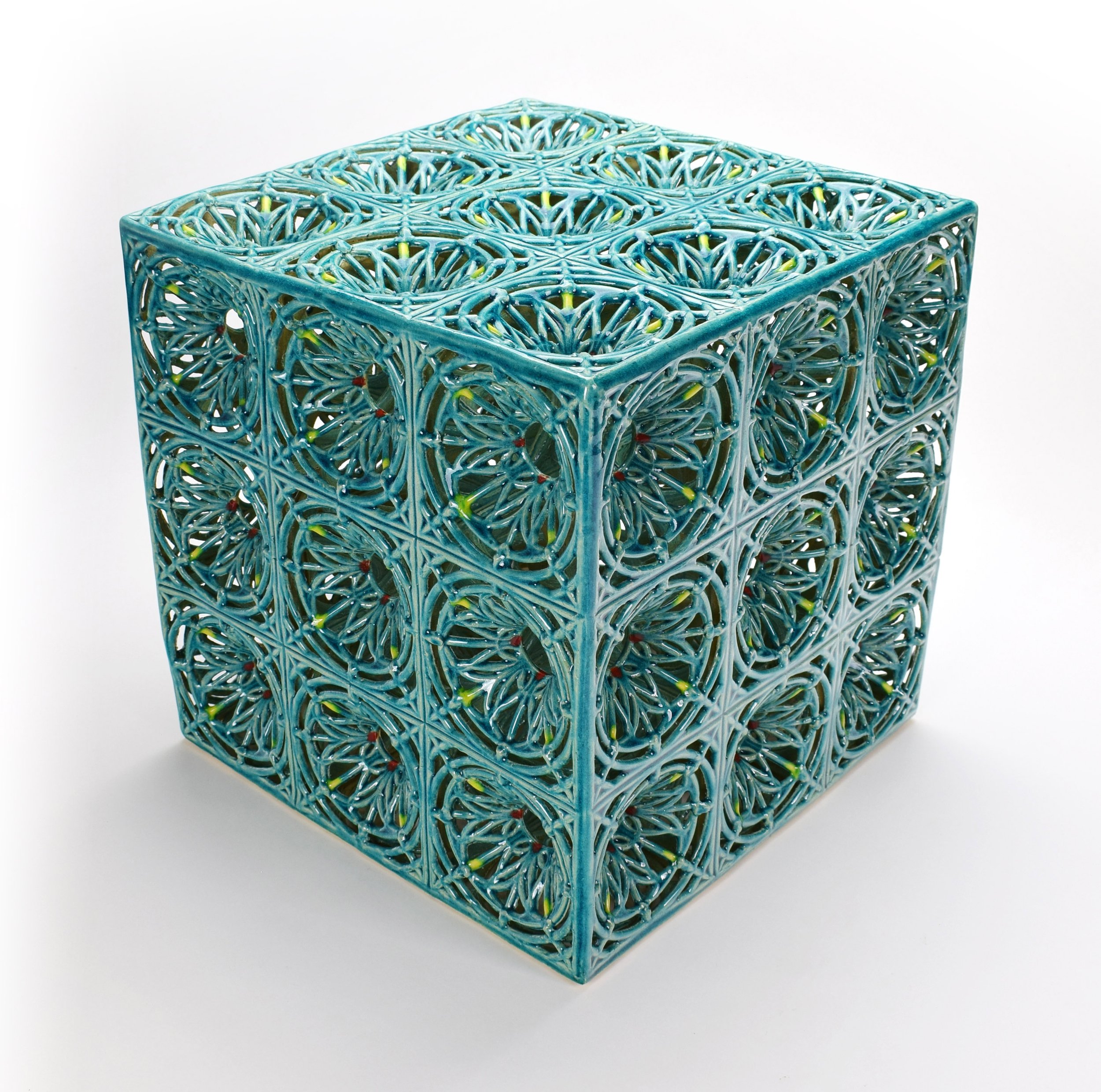 Lattice Cube, Stoneware Cone 6, 11 x 11 x 11 in, Photo: Eliza Au