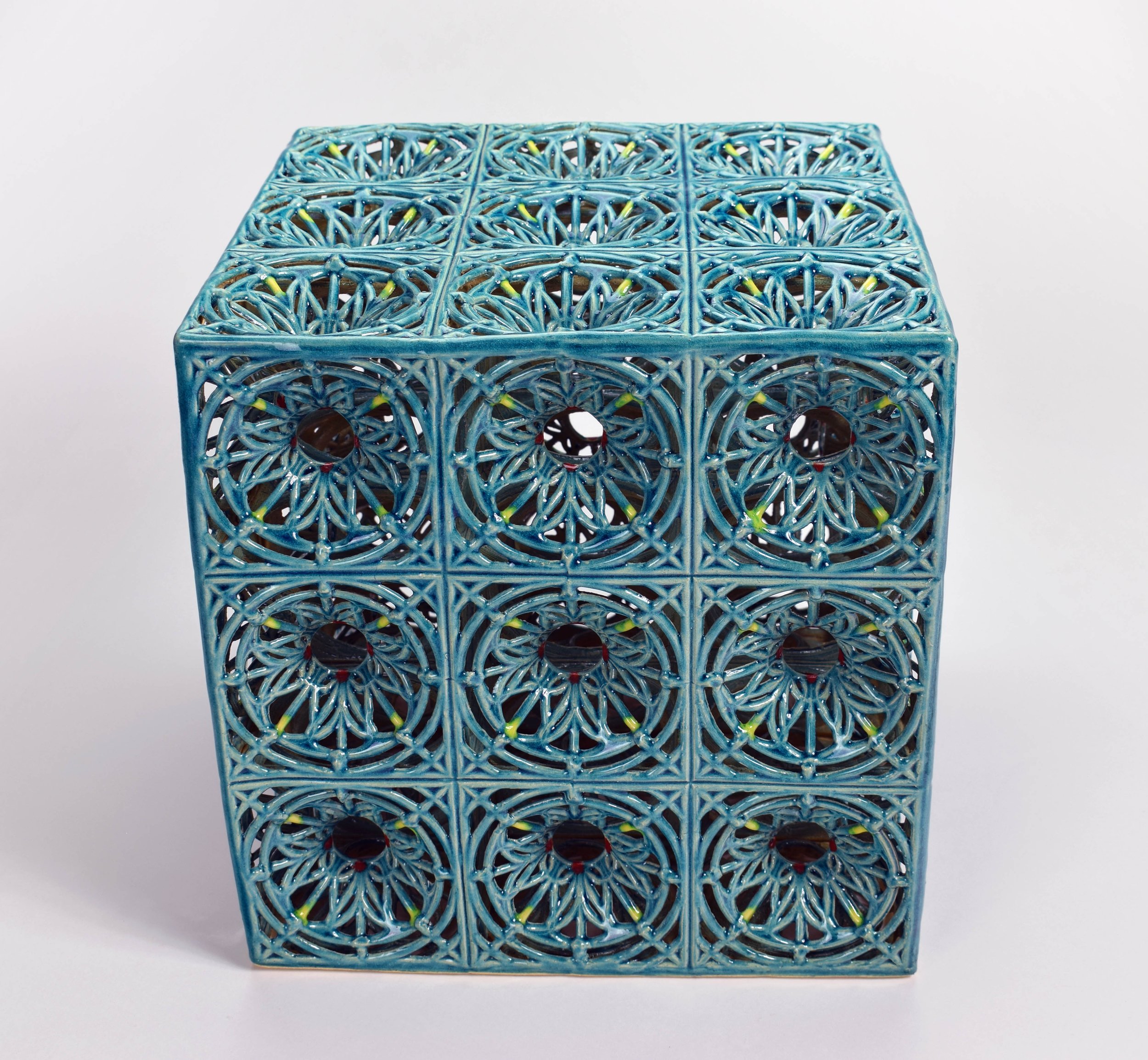Lattice Cube, Stoneware Cone 6, 11 x 11 x 11 in, Photo: Eliza Au