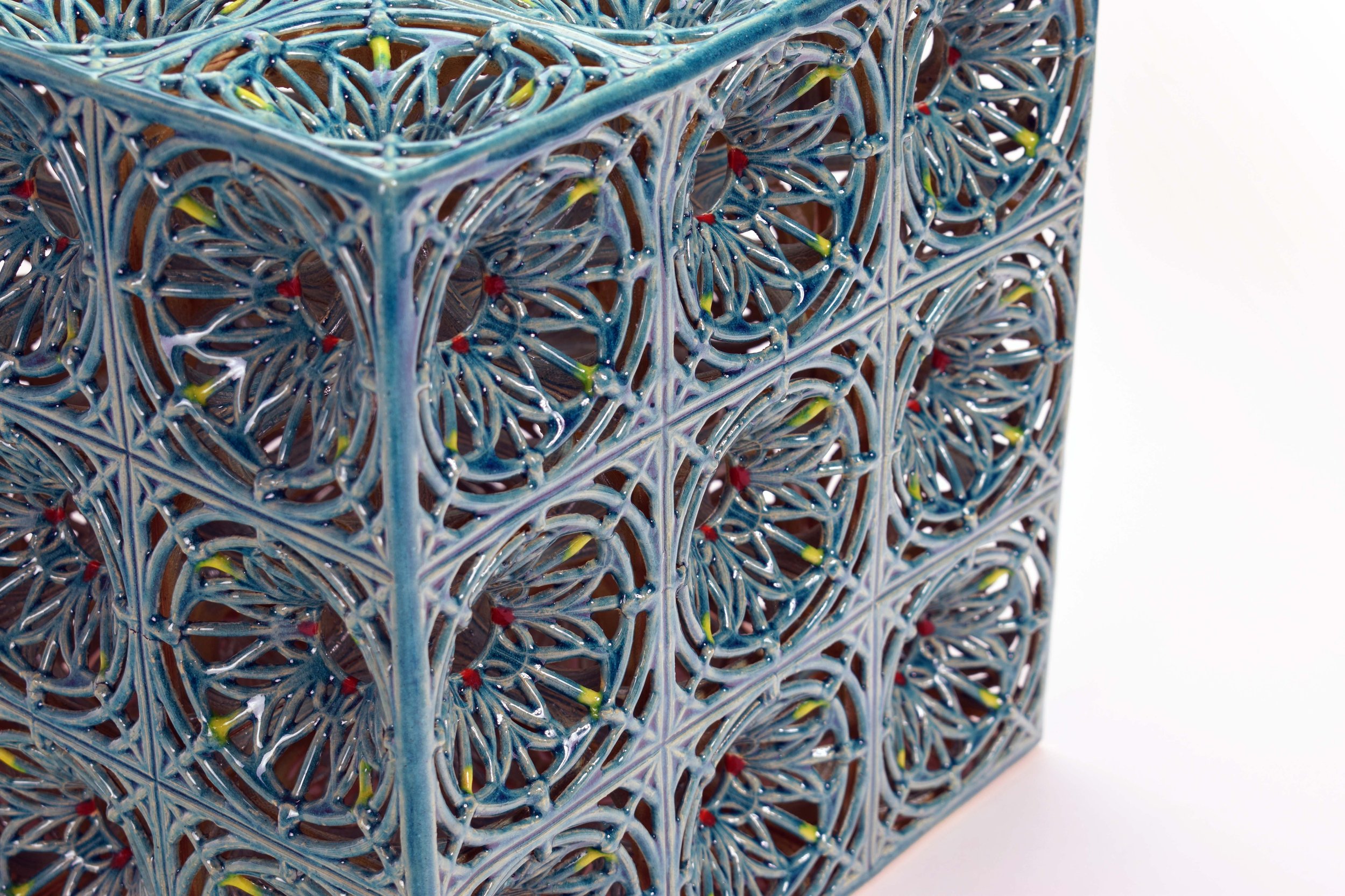 Lattice Cube, Detail, Stoneware Cone 6, 11 x 11 x 11 in, Photo: Eliza Au