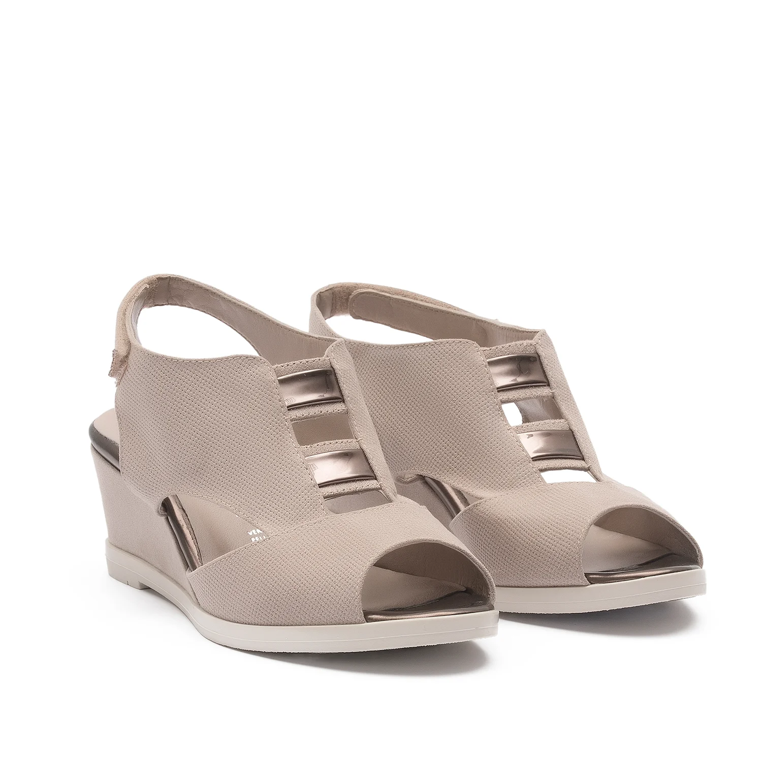 551893 - Sandal with upper in punched beige fabric suede with details in platinum-coloured mirrored laminate, covered wedge heel and ice-coloured sole.