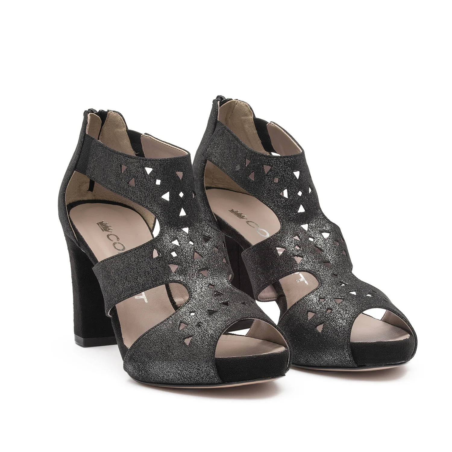 91967 - Sandal with upper in black glittery fabric suede, heel and plateau covered in black suede, decoration with laser punching and zip at the heel.