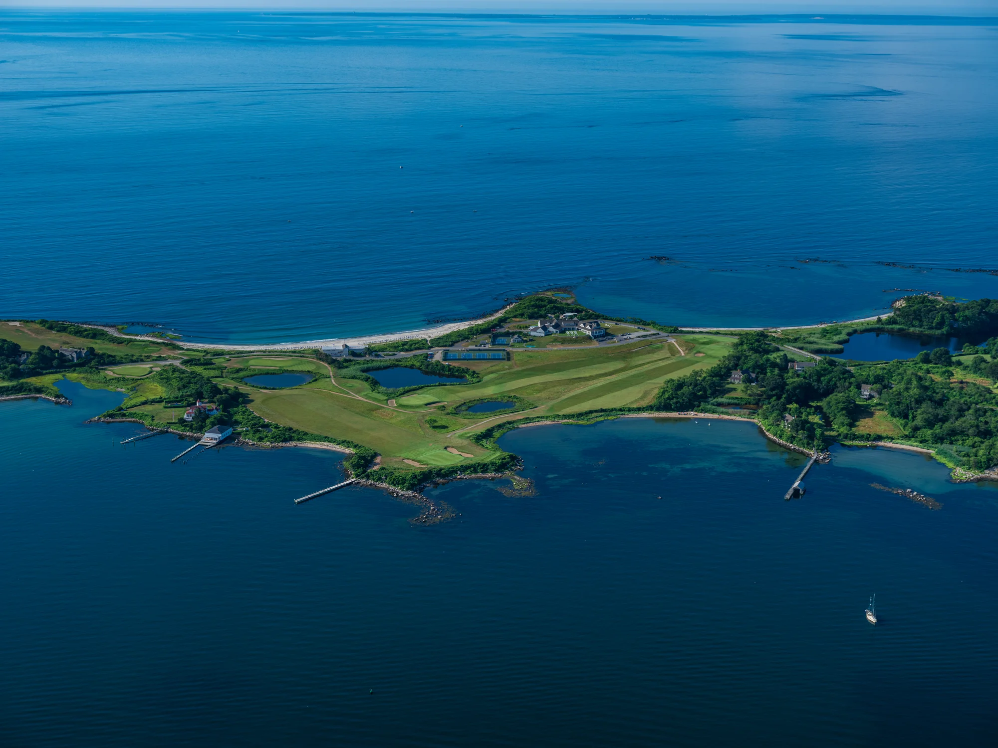 Aerial view of 1-2-17-18 with the clubhouse at Fishers Island Club.