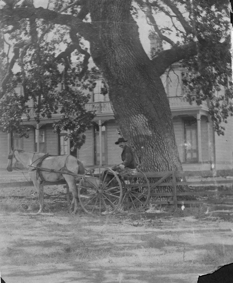 The Conejo Hotel, circa 1880s. The man pictured may be E. Easley, who delivered the mail in the area.