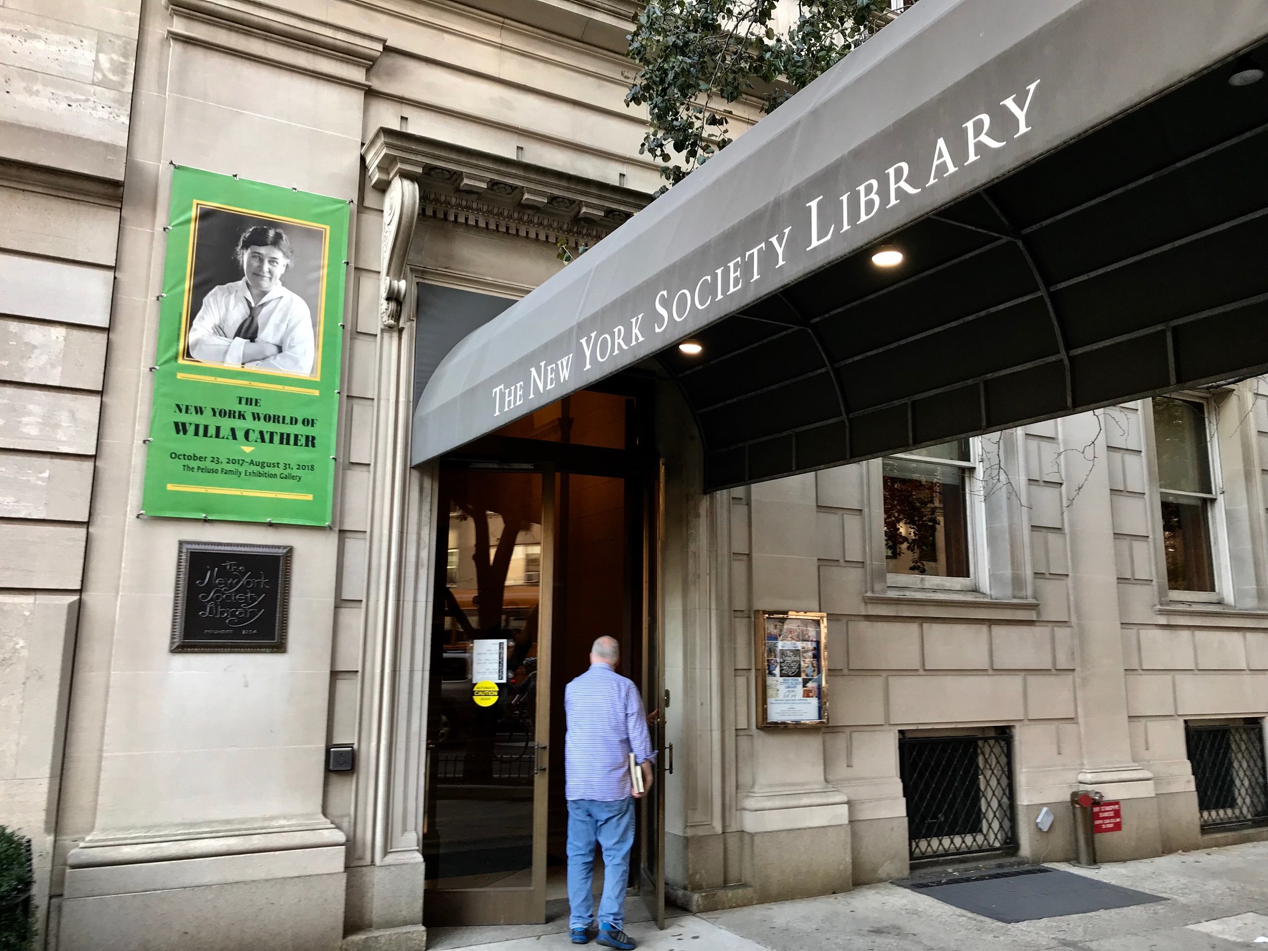 Entrance to the New York Society Library which is home to a WIlla Cather exhibity through August of 2018.