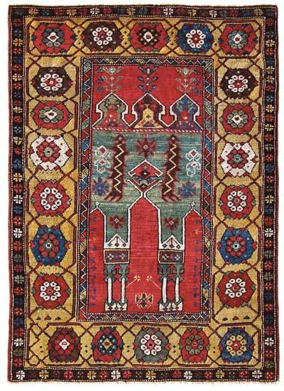 antique konya prayer rug, 3'7" x 5' circa 1780-1800
