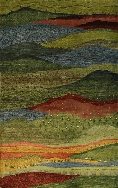 A Zollanvari Gabbeh with charming landscape motif at Art to Walk On in Sarasota, Florida.