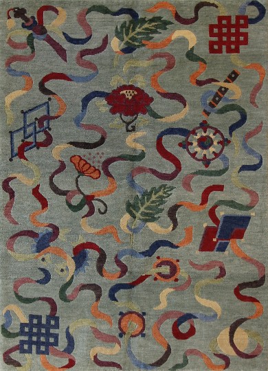 Named 'Eight Auspicious Symbols', this hand-knotted wool rug from InnerAsia Tibetan Carpets is woven in Tibetan monastery.