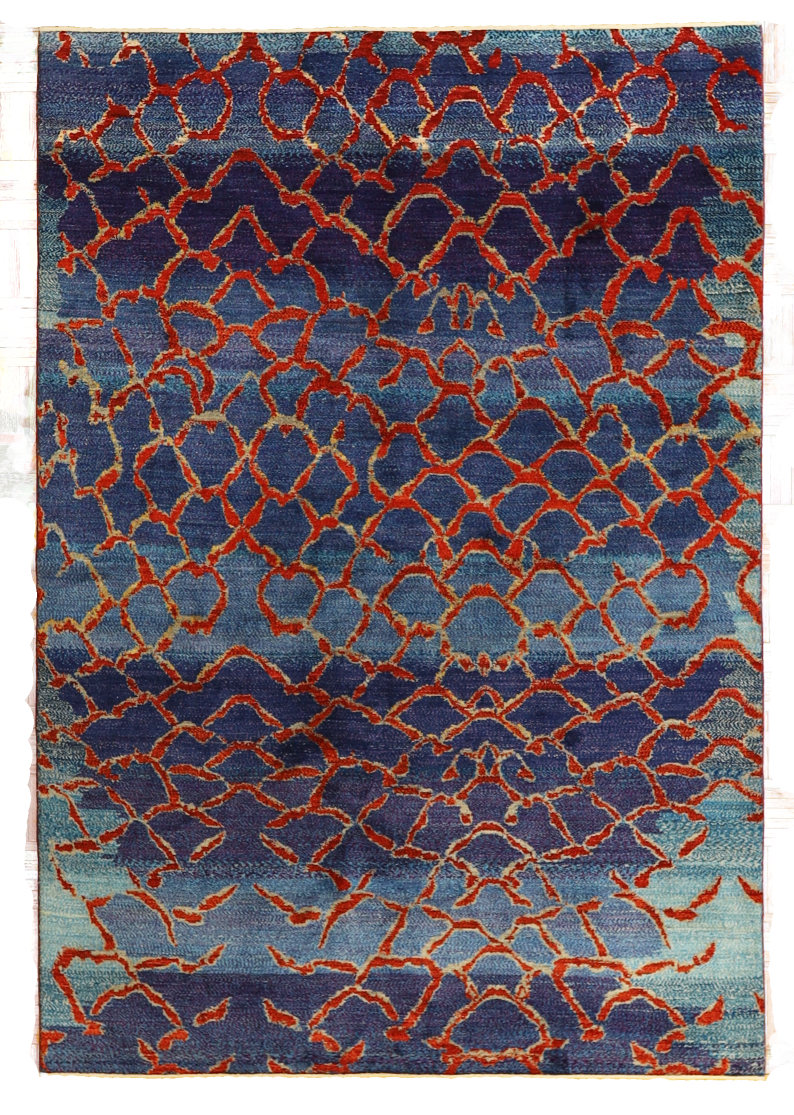 5 x 8 Blue Red Hand Knotted Rug Fishcale