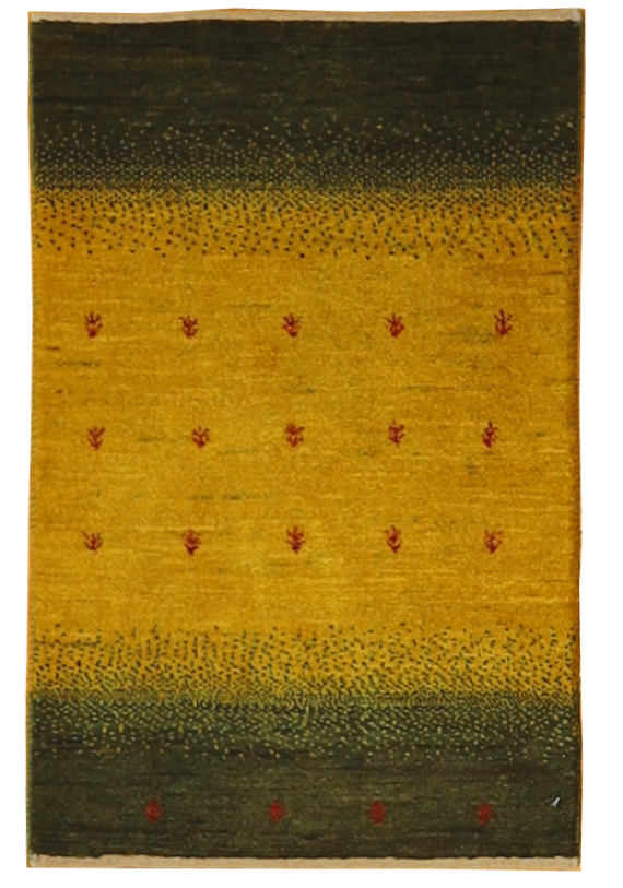 2x3 Gabbeh Persian Green Yellow Gold Rug Tribal Geometric