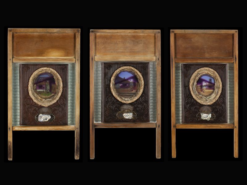Bought & Paid For 2, 2016, altered book triptych, 24" x 39" x 2"