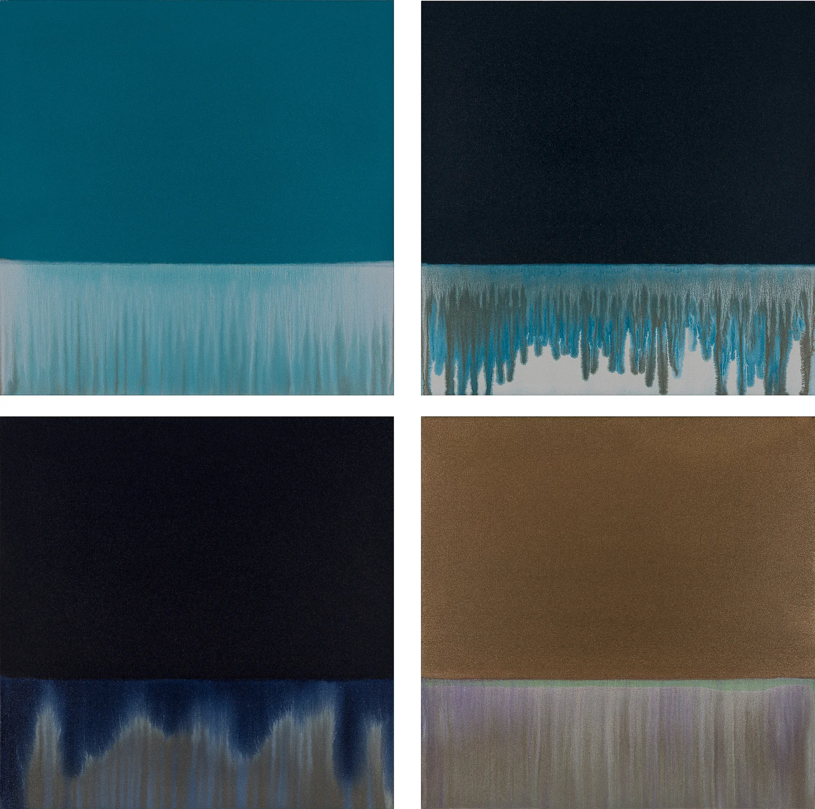 Gradient Flow: Teal, Pthalo, Indigo & Bronze, 2018, acrylic on unprimed canvas, 24” x 24” each panel