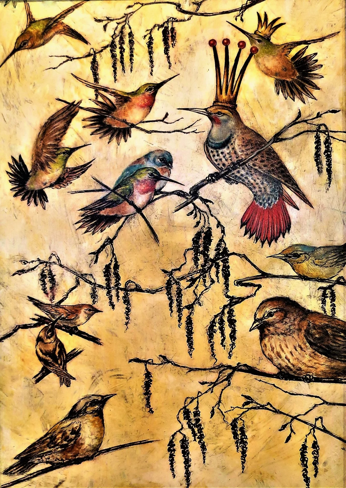 Shawn Ferris, Spring Birds , acrylic, ink on panel, 20” x 17””