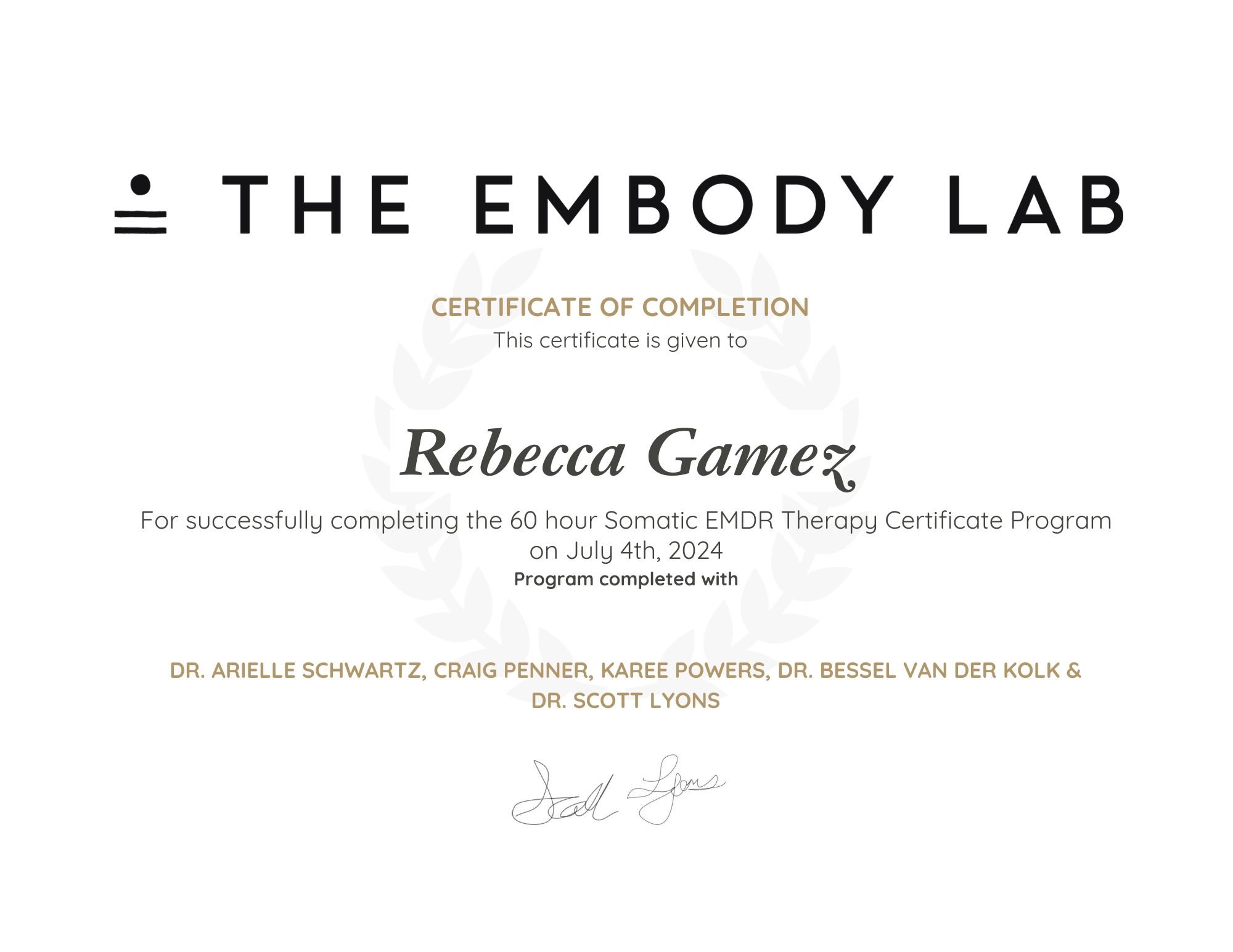 Somatic EMDR Therapy Certificate from the Embody Lab