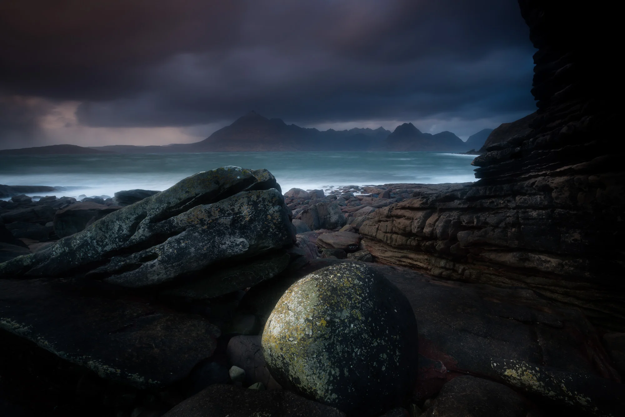 Stormy Elgol with painted erratic boulders