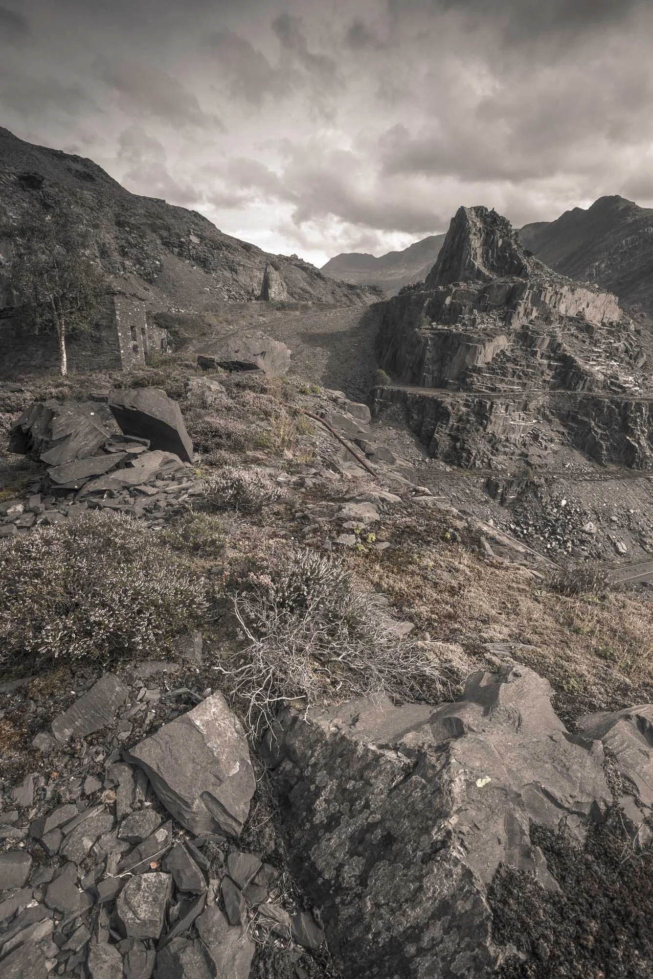 Pyre of slate with heather