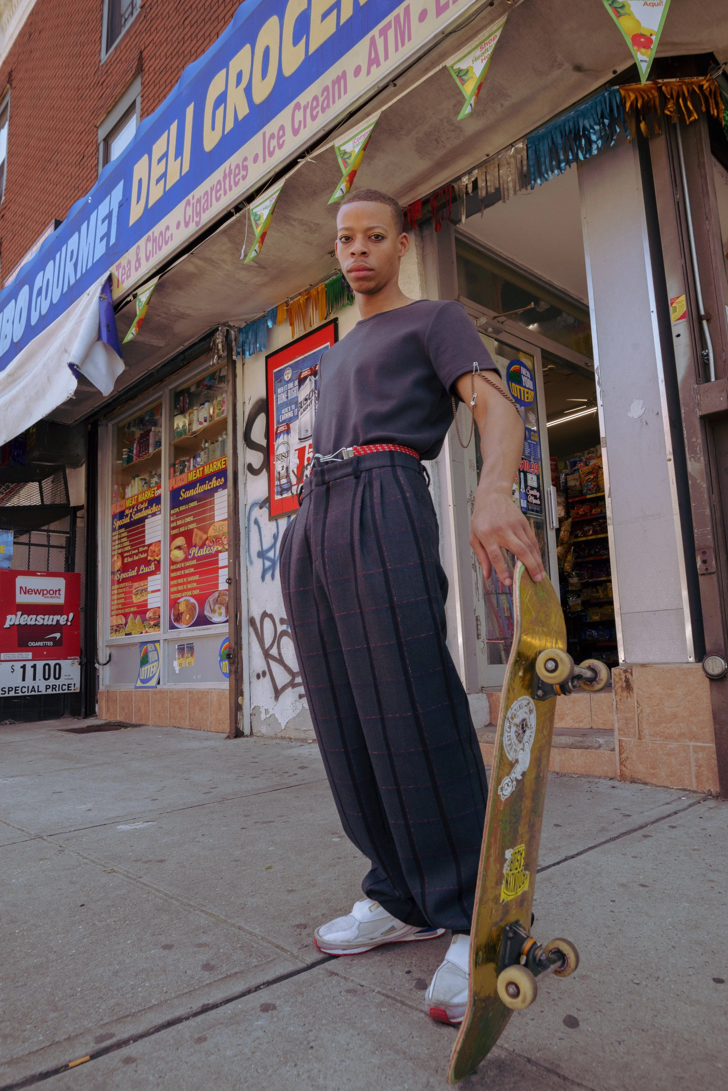 full look by Rochambeau, shoes by Raf Simons Photographer: DIego Palomino, MUA: Nana Hiramatsu, Model: Joel Kelly 