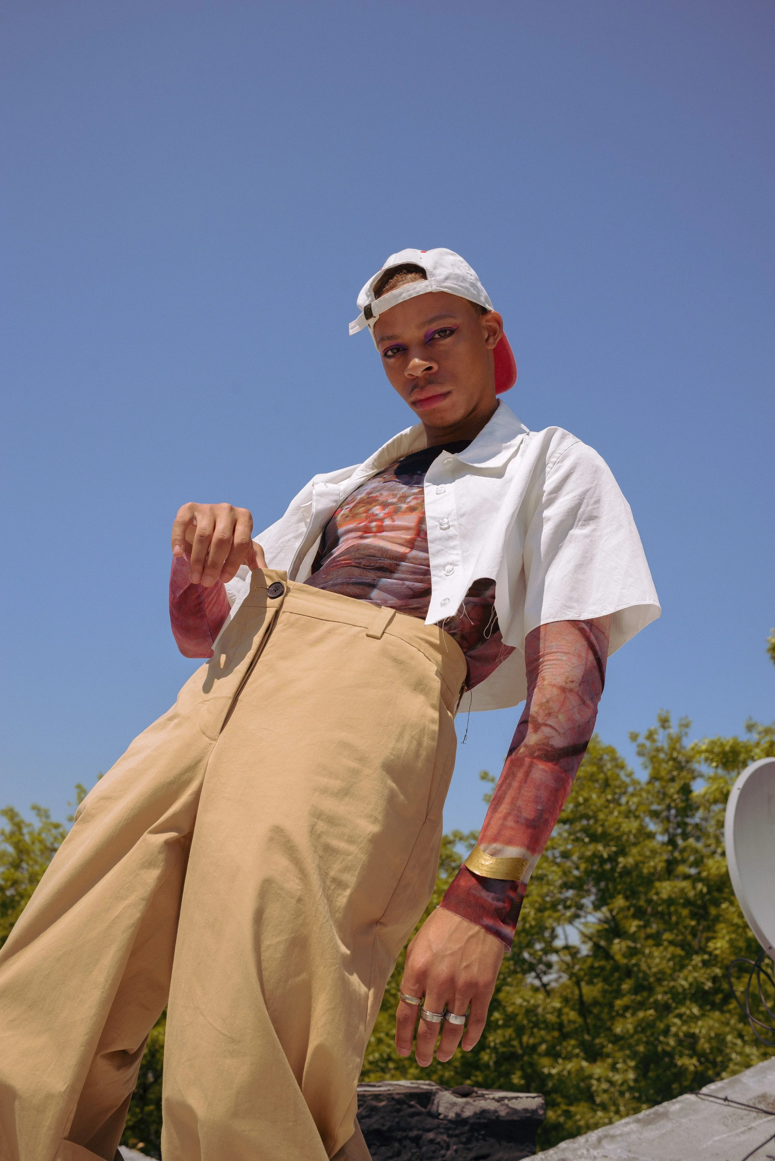 Tops by Victoria Aguilar, pants by Rochambeau Photographer: DIego Palomino, MUA: Nana Hiramatsu, Model: Joel Kelly