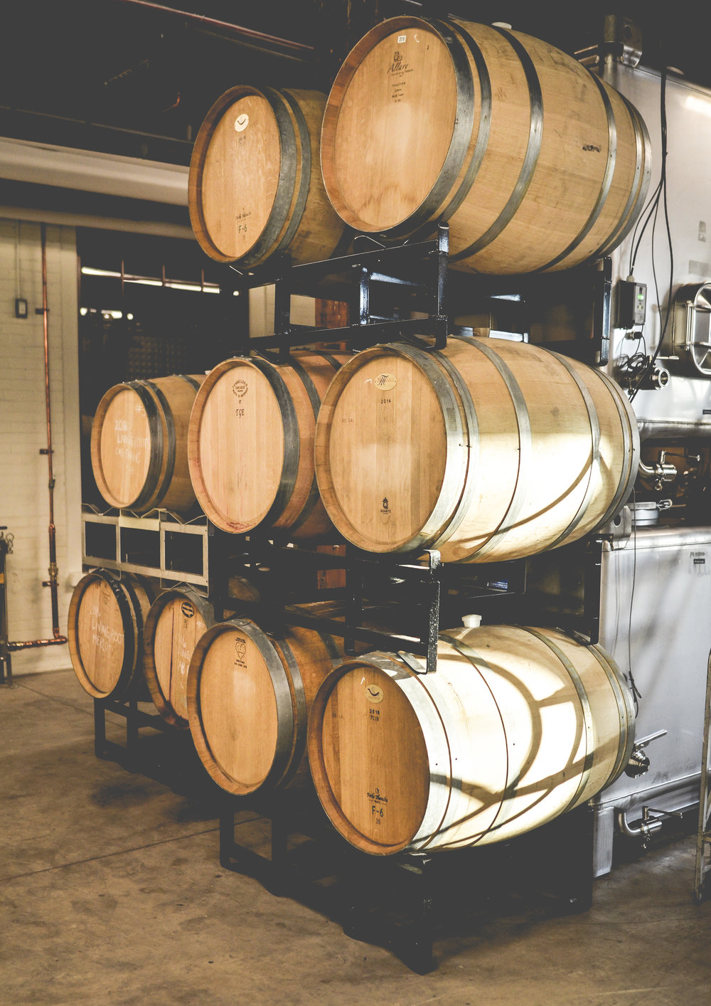 French barrels in the Living Roots Wine & Co. urban winery in Rochester, New York.
