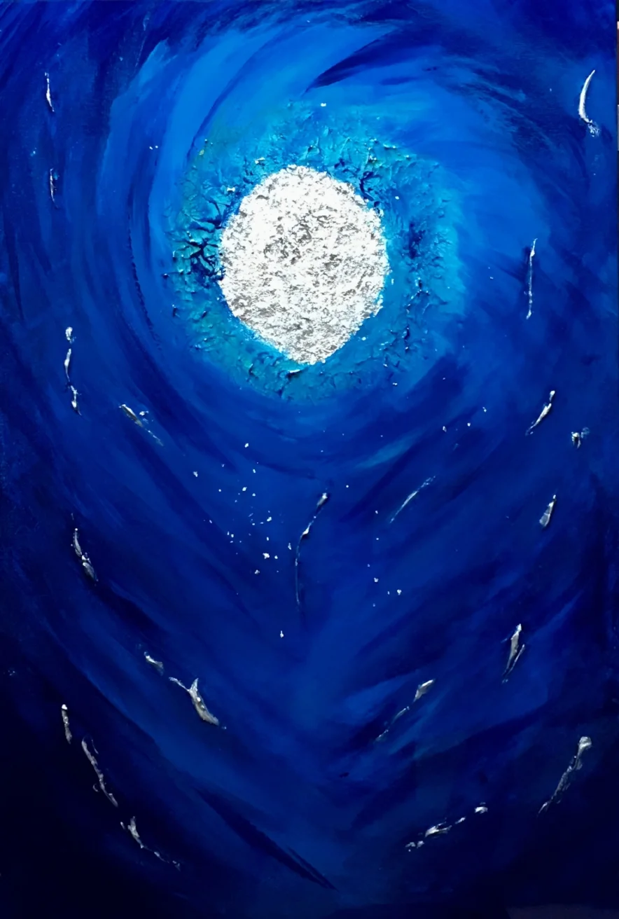 A dramatic series of deep swirling blues and silver shine. 