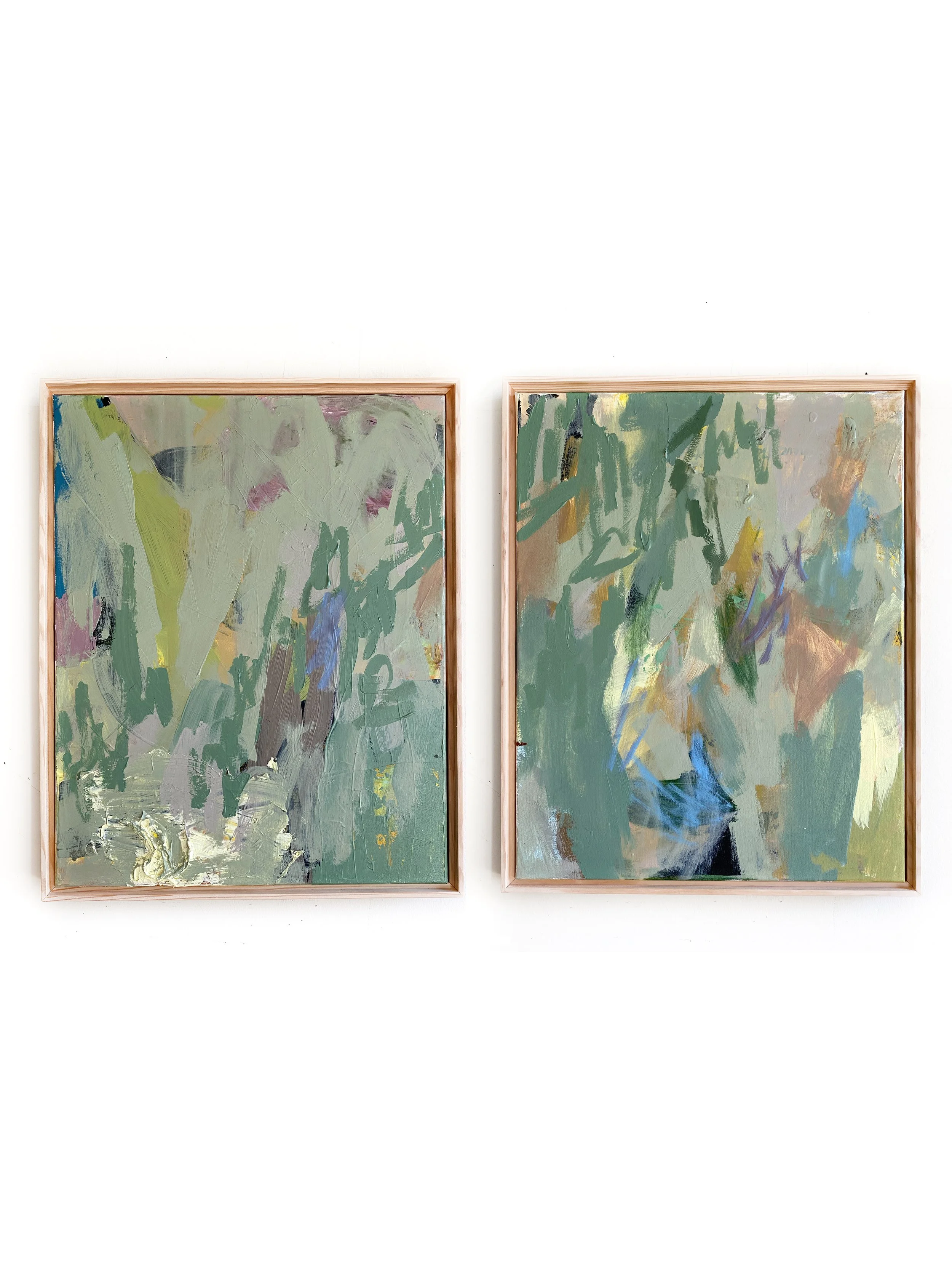 Moss Grass Pair of Original Paintings on Canvas