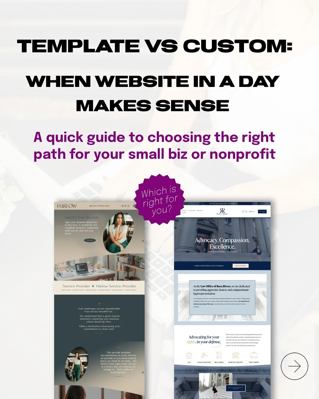 Template WIAD vs Custom Website &hellip; 🧐 how to choose your fastest path 🏎️ to a higher-converting website 📈

👩🏻&zwj;🎨 Template WIAD (website in a day) = fast, affordable polish with a proven framework.

👩🏻&zwj;🎤 Custom Website = unique br