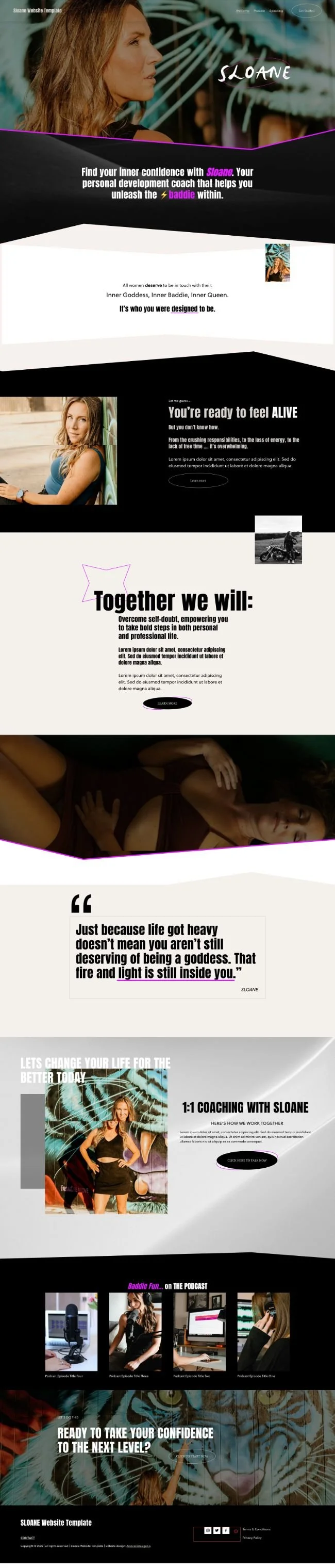 Full display of the landing page for the Sloane Website Template.