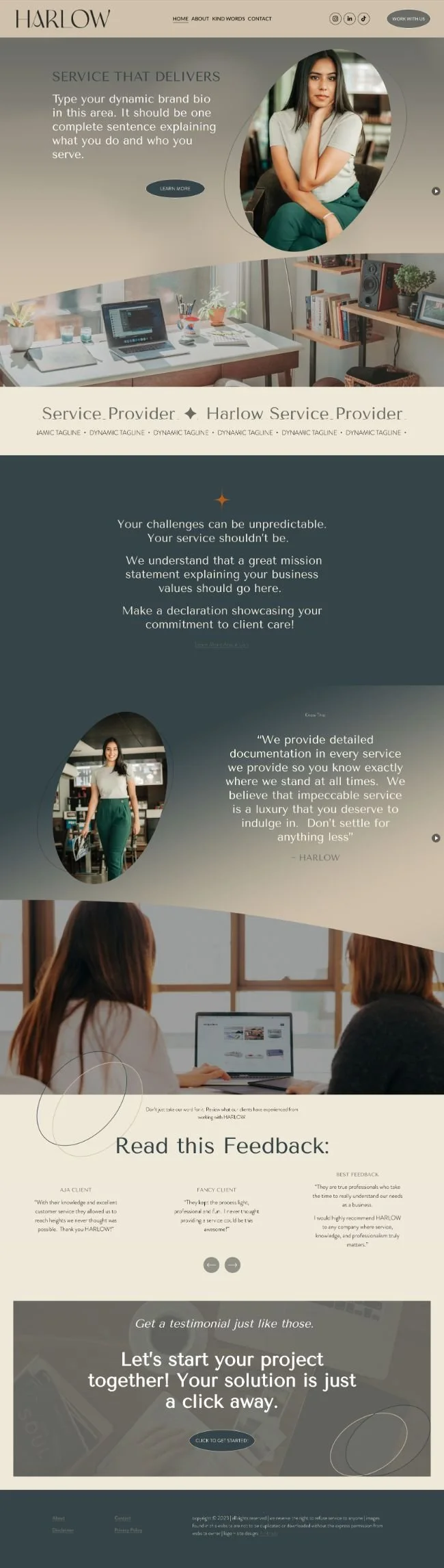 Web page design for Harlow service provider, featuring images of women in professional settings, text about service mission, client feedback, and a call-to-action button.