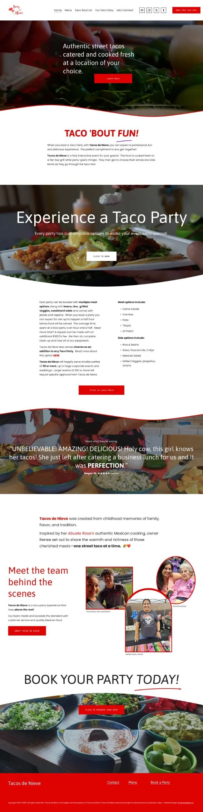 Website homepage for Tacos de Nieve highlighting street tacos, taco parties, and user reviews, with images of tacos and a team managing the service.
