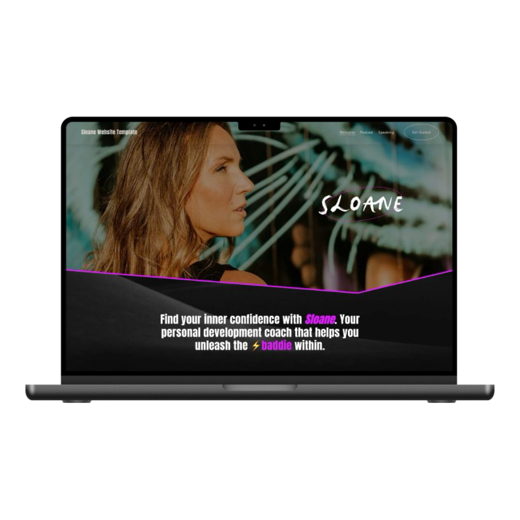 Laptop displaying a website for Sloane, a personal development coach, featuring a profile image of a woman with long, wavy hair in profile, with text promoting confidence and personal growth.