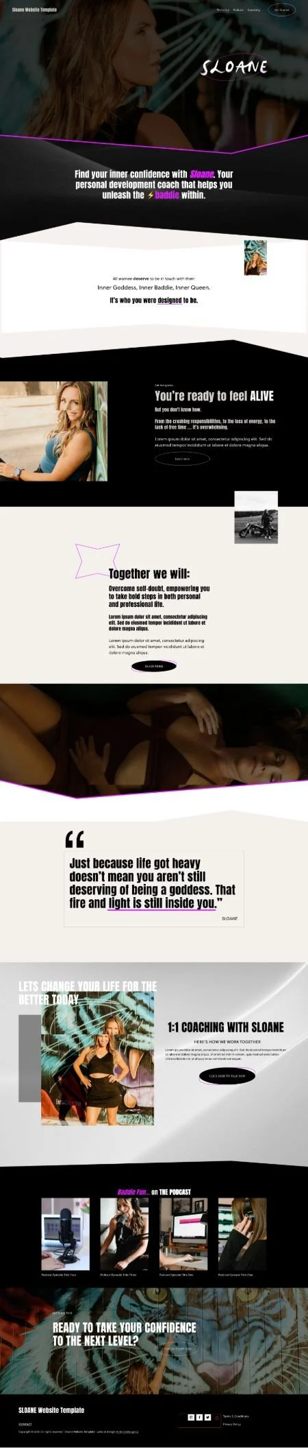 A website homepage for Sloane, a personal development coach, featuring images of women, motivational quotes, and information about coaching services.