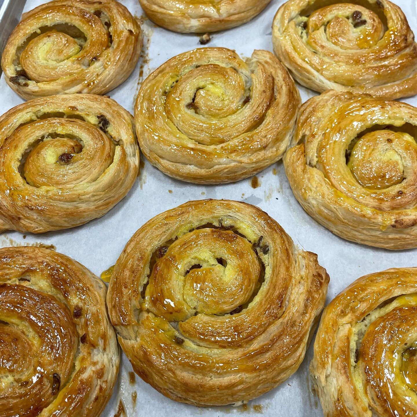 Pain au raisin: A great way to start your day! Available this weekend. #pastry #bestbakery #ostervillevillage #capecod #summer #breakfast #coffee