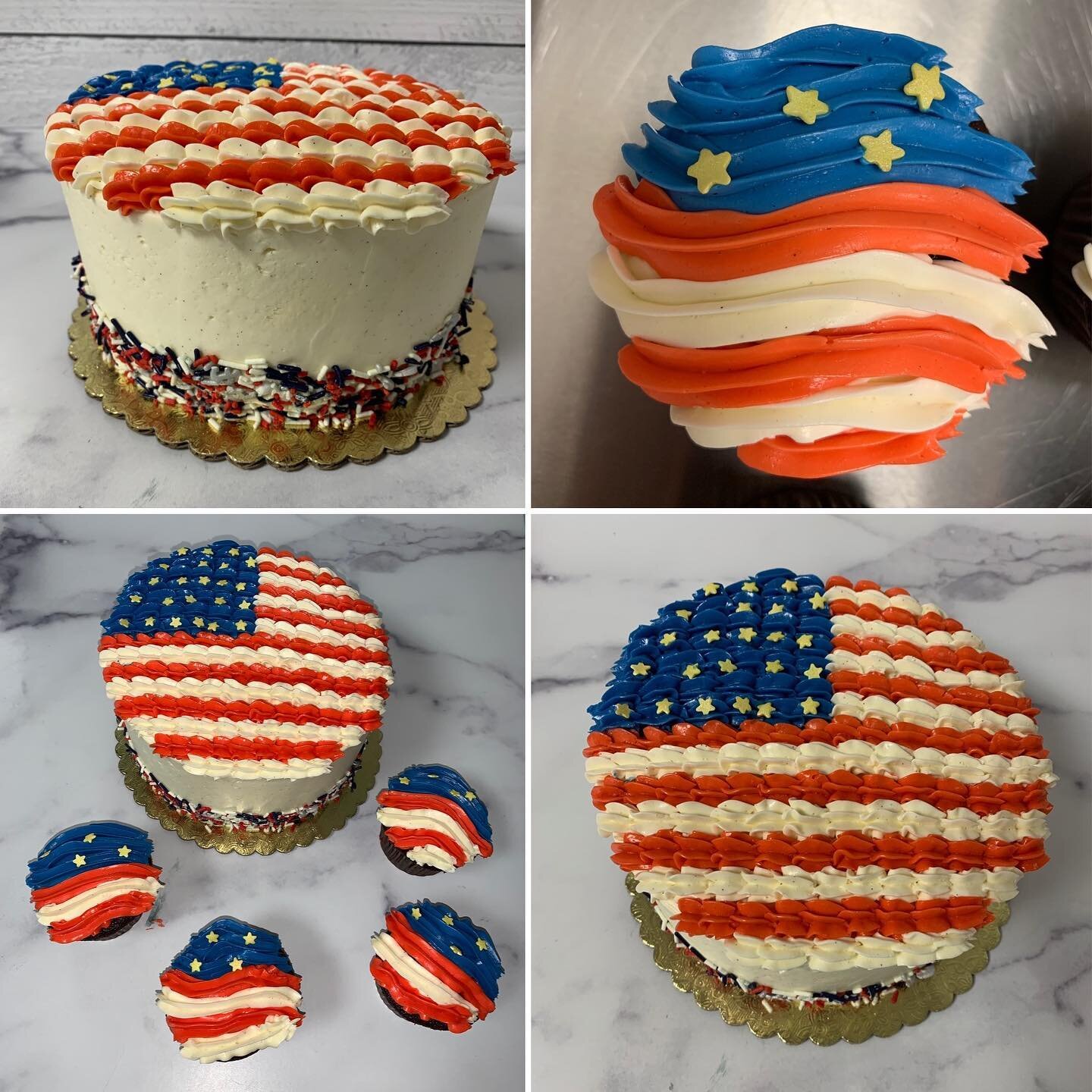 Happy 4th of July! Get these great cakes and cupcakes for your celebrations! We are looking forward to kicking off our 7th season&mdash;our 3rd in our beautiful location on Main Street! #cake #cupcakes #holiday #bbq #july4th #ostervillevillage #oster