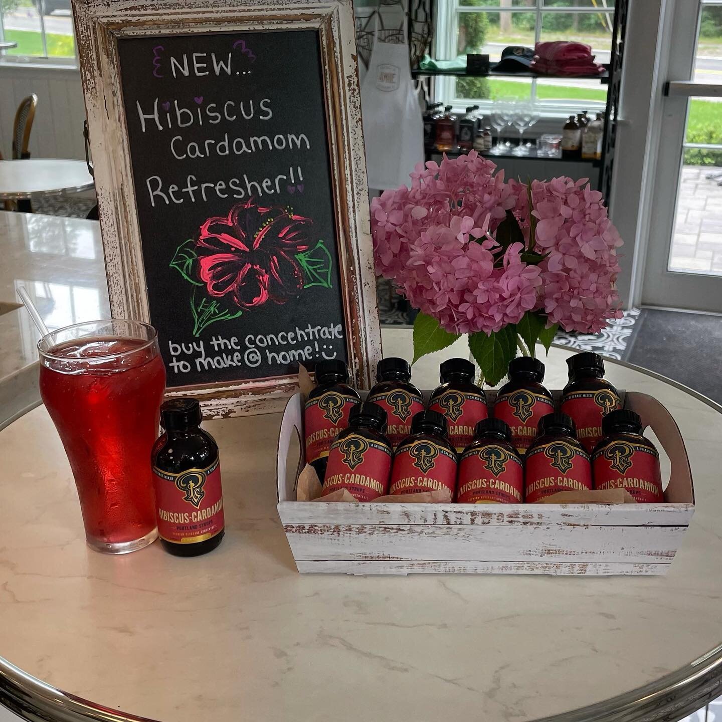 Try our new refreshing Hibiscus Cardamon soda. If you live it you can purchase your own bottle to make it at home. Great fir cocktails too! #drinks #portlandsyrups #soda #cocktailmixer #ostervillevillage #capecod #bestbakery