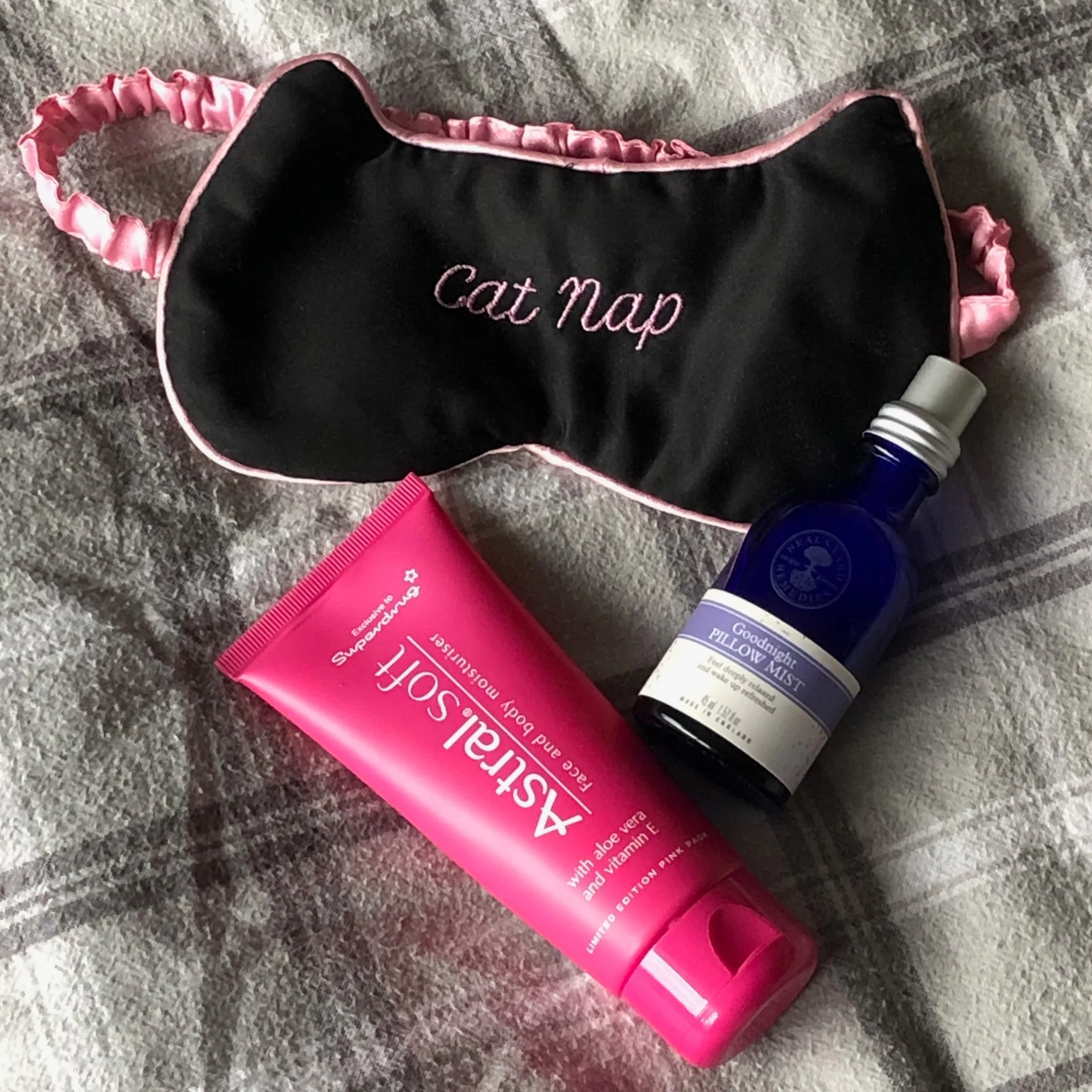 Eye-mask, Moisturiser and sleep spray you can find in my bedside table @Rachaelmole