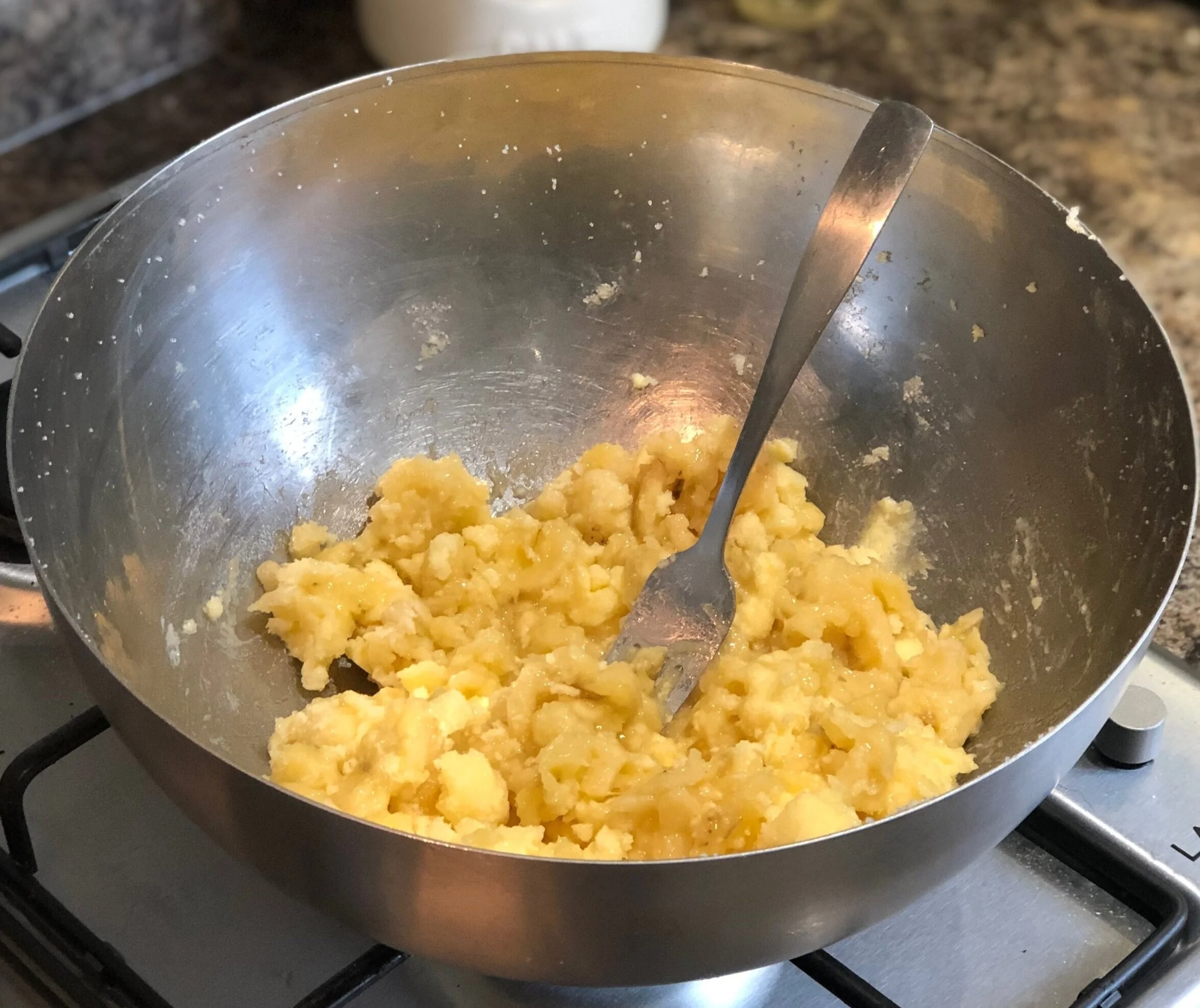 Stage 4- using a fork will ensure that the banana stays intact enough to survive the baking- you don’t want a super smooth batter.