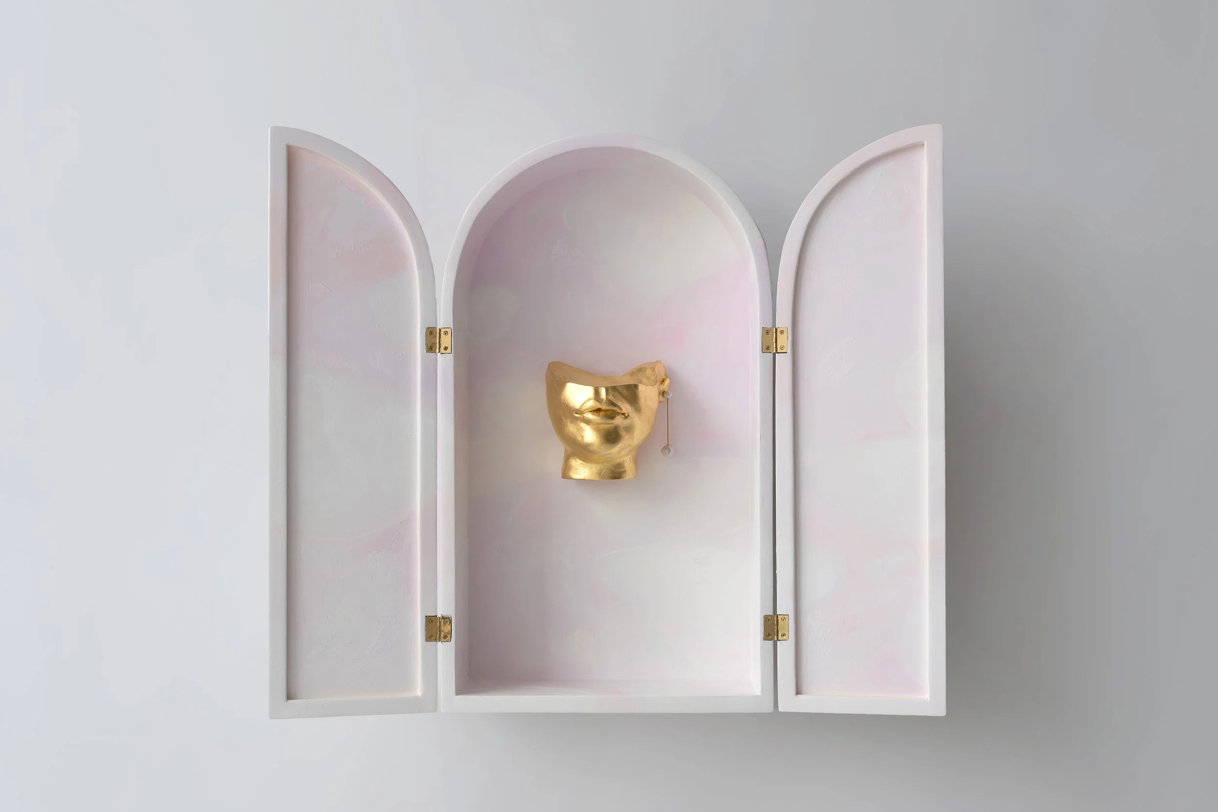 "Reliquary" (open) 2024  |  Porcelain, Gold Leaf, Wood, Oil  | 24" x 13" x 8"