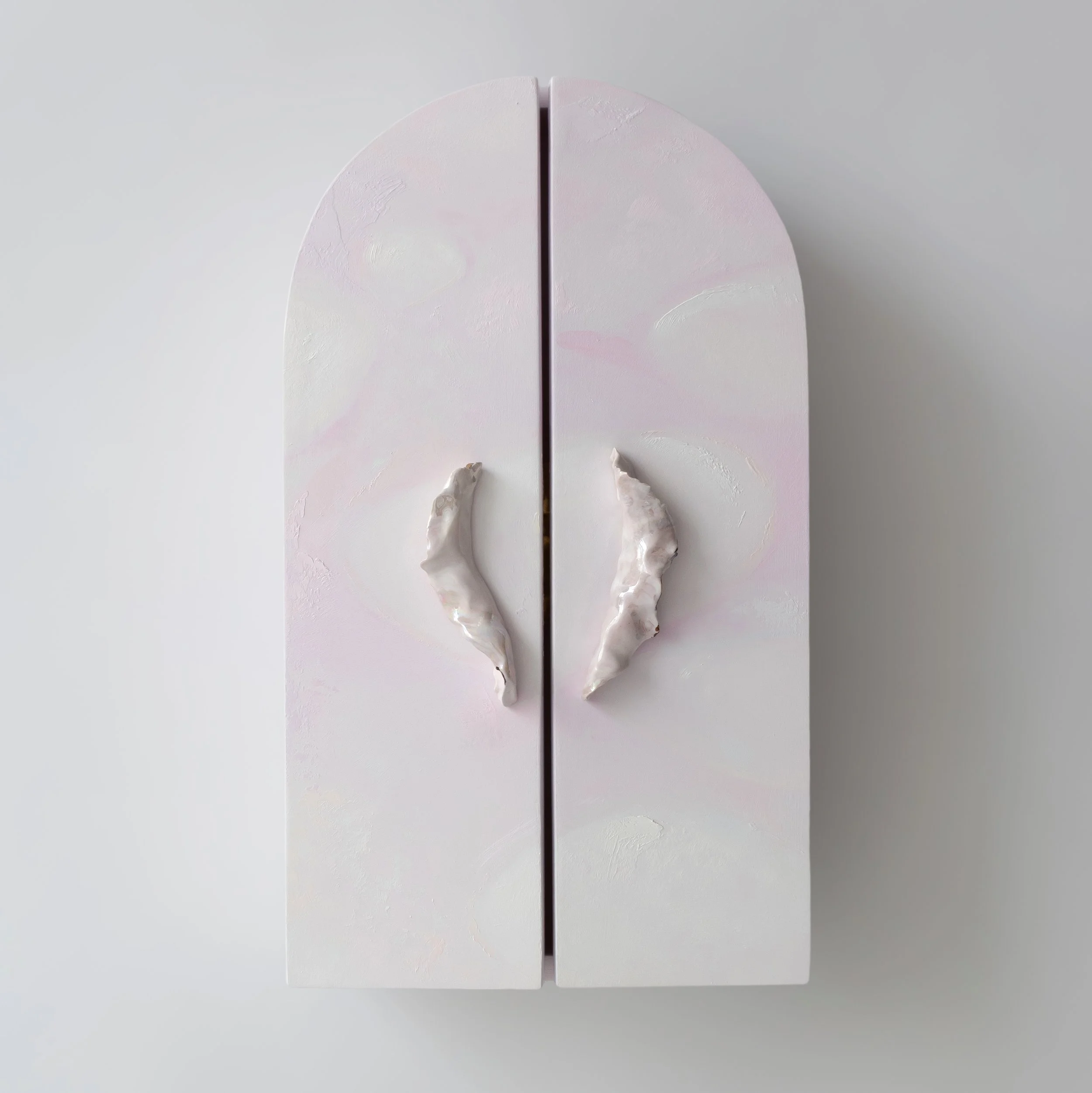 "Reliquary" (closed) 2024  |  Porcelain, Gold Leaf, Wood, Oil  | 24" x 13" x 8"