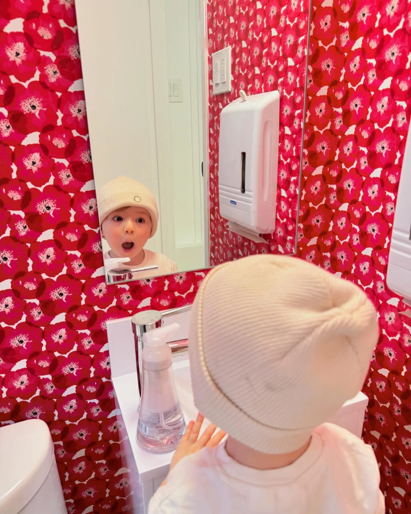 New bathroom wallpaper-lowered sink and mirror.  Was worried it wouldn&rsquo;t be as cute as the last one&hellip; not worried anymore!🩷❤️ #LPEClassroom #lapetiteecoleyvr