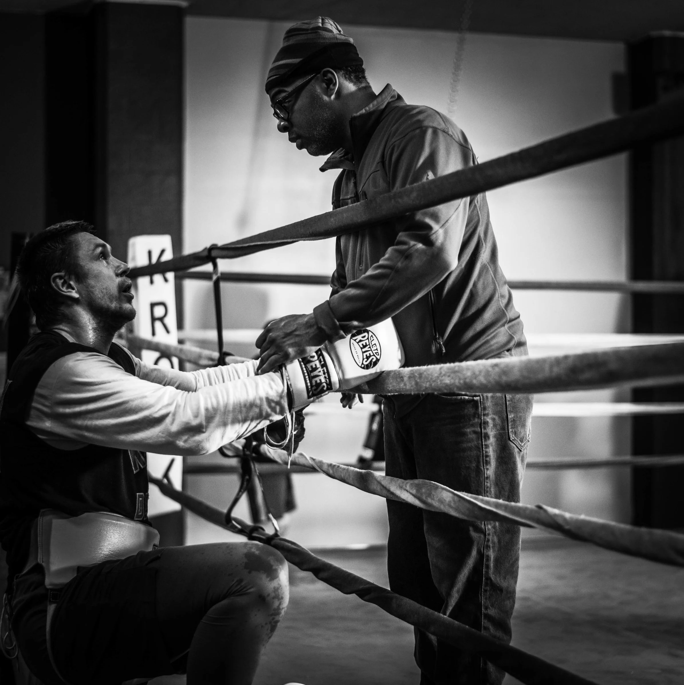 Cruiserweight contender Alexey Zubov getting advice from Sugar Hill Steward