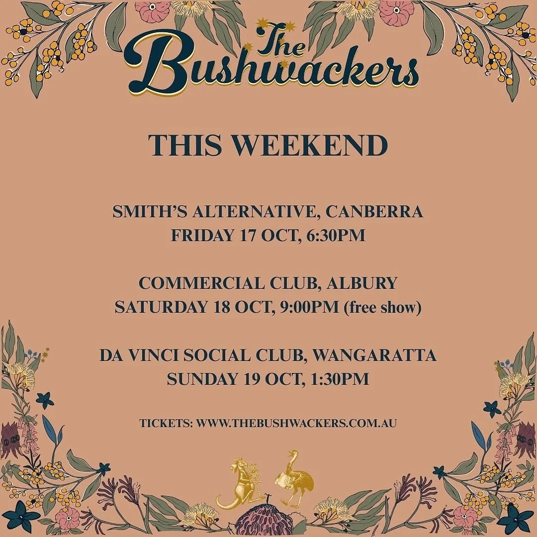 I&rsquo;ve got some gigs coming up with @thebushwackersofficial this weekend in Albury (Sat night) and Wangaratta (Sun arvo) where I&rsquo;d love to see you if you&rsquo;re around. I&rsquo;m not playing the Canberra show due to a previous booking 🎤?