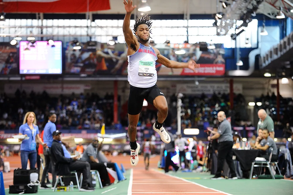 At the recent New Balance Indoor Boys in March 2019, here is Justin in the Triple Jump. Photo by Dave MacCauley