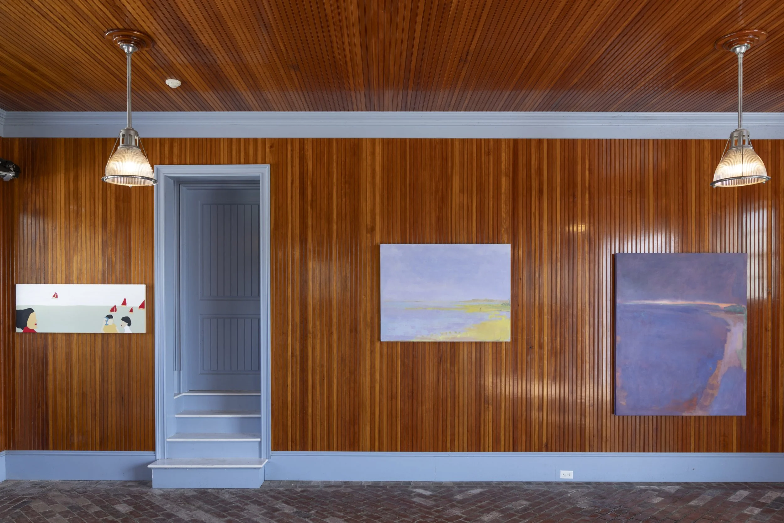 Installation View HORIZONS Group Exhibition curated by Ingrid Lundgren of Slip House, NY. August 2026 
center: Evening Walk, Dikes Bridge 36x48" oil on panel  
right: Nocturne, Cape Poge 60x48" oil on canvas