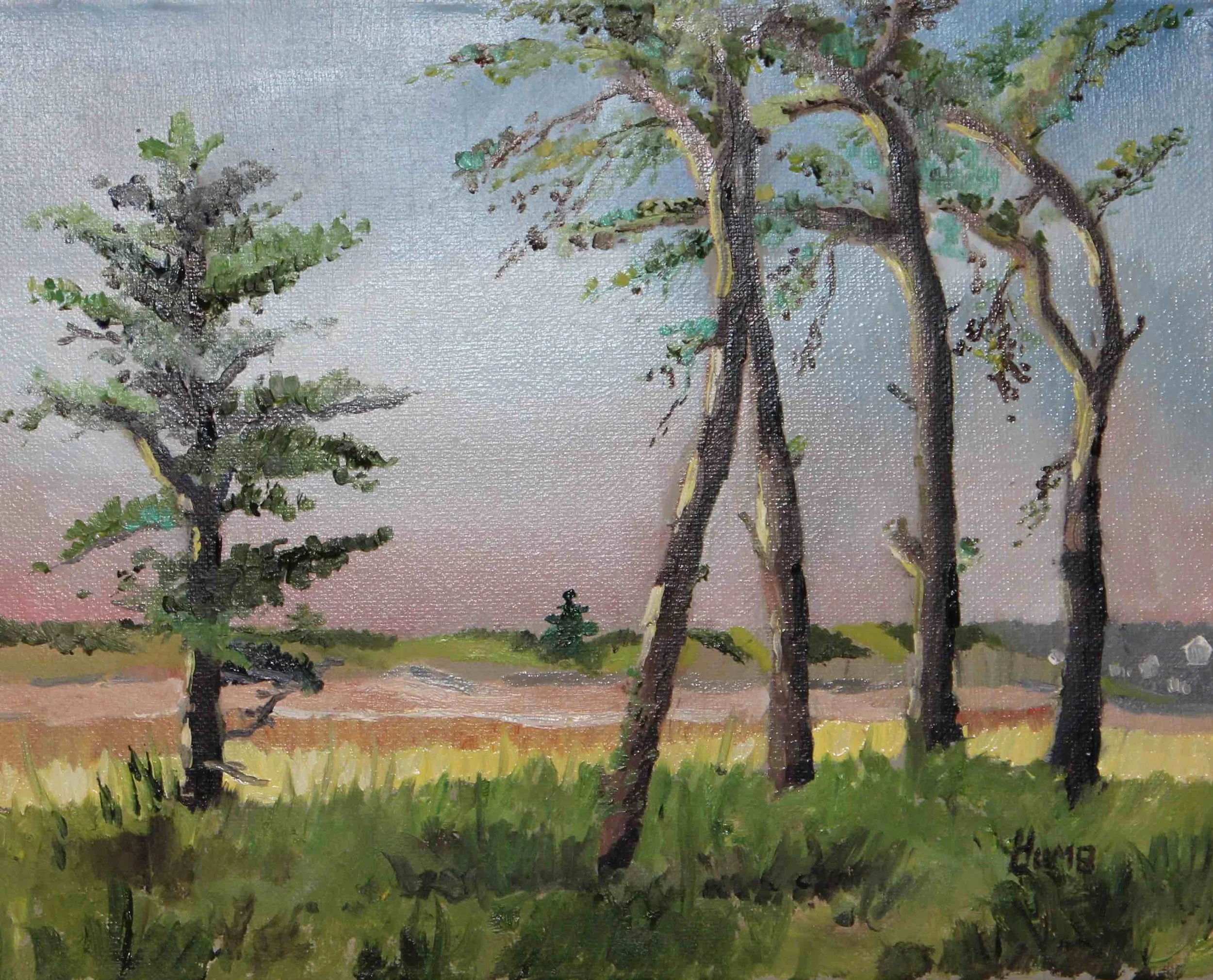 An oil painting of beach dunes and trees at sunrise. Painted by Heather Lumb.