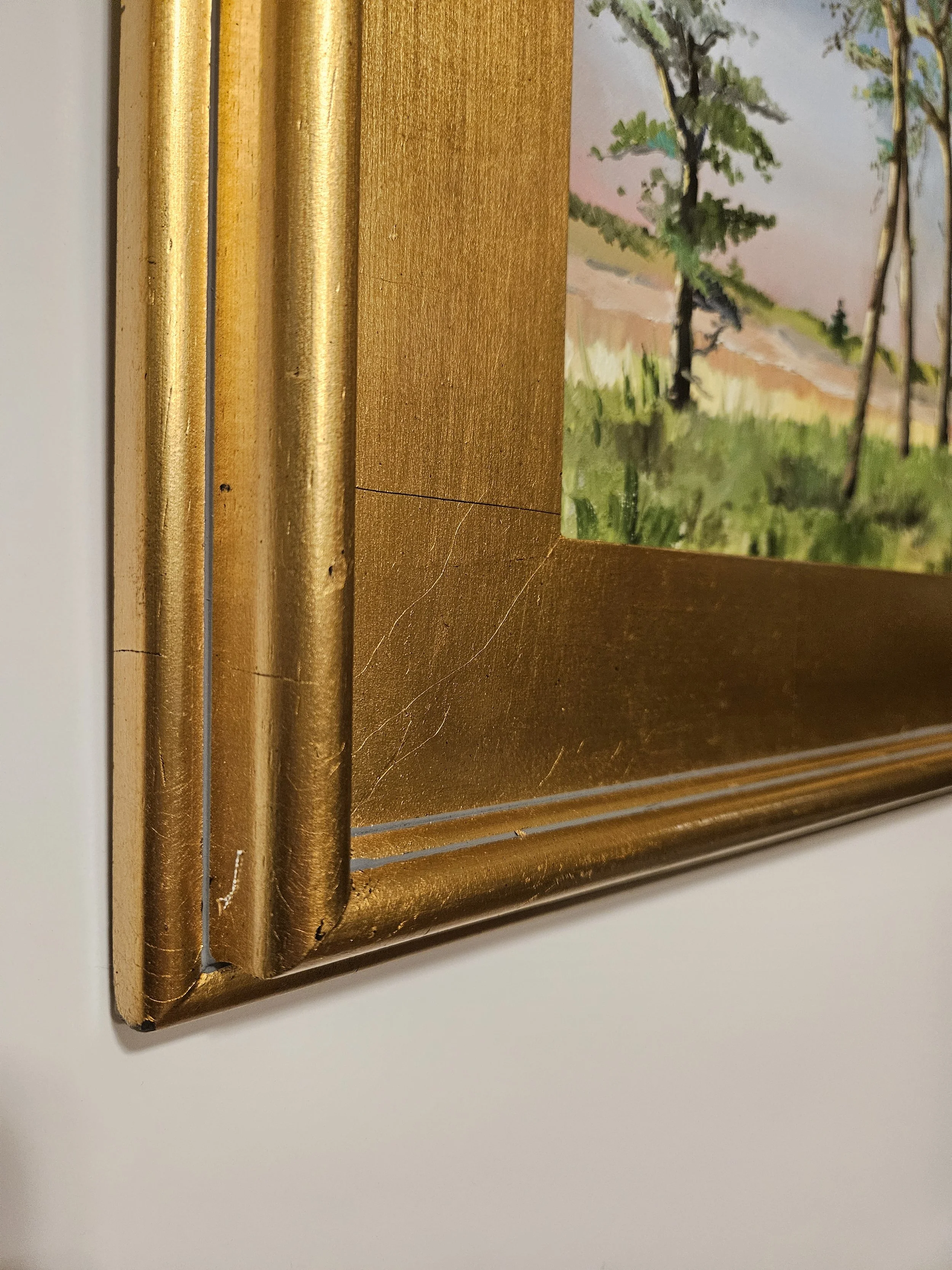 Detail of an oil painting of beach dunes and trees at sunrise. Painted by Heather Lumb.