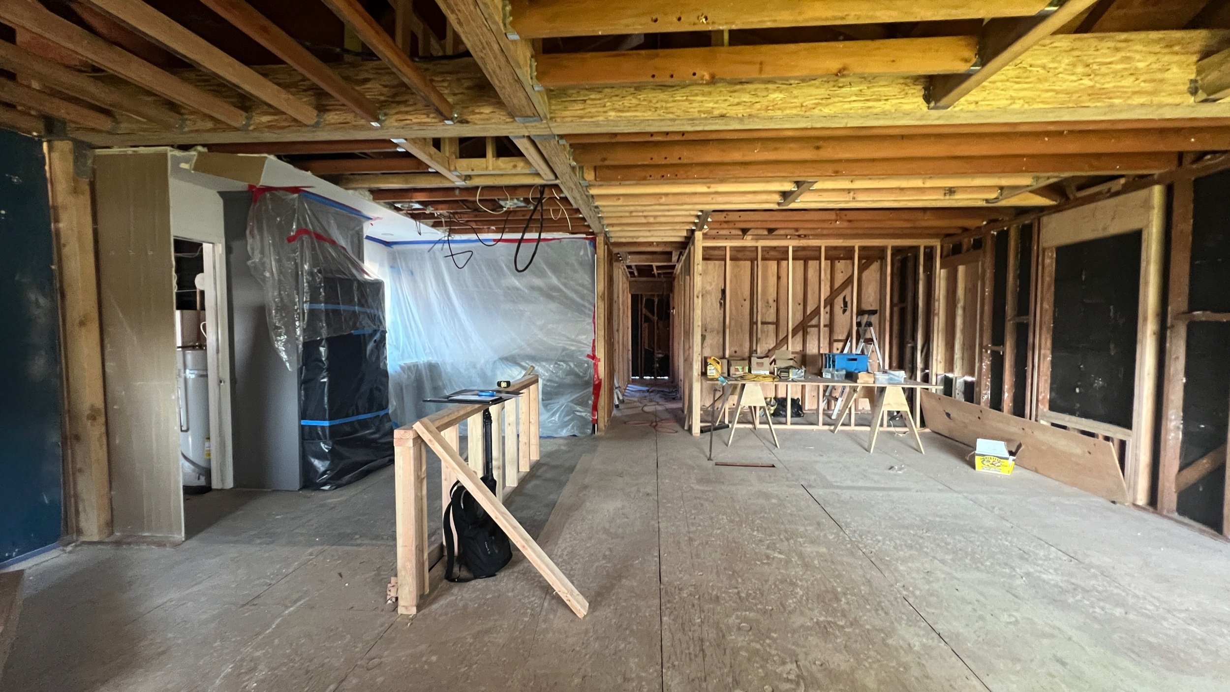 In order to accommodate the open plan, there are three new beams which will be concealed above the ceiling: Beam #1: 7” wide by 14” deep by 24-foot long main beam; Beam #2: To the left of Beam #1 will be a 4” wide by 10” deep beam to the exterior