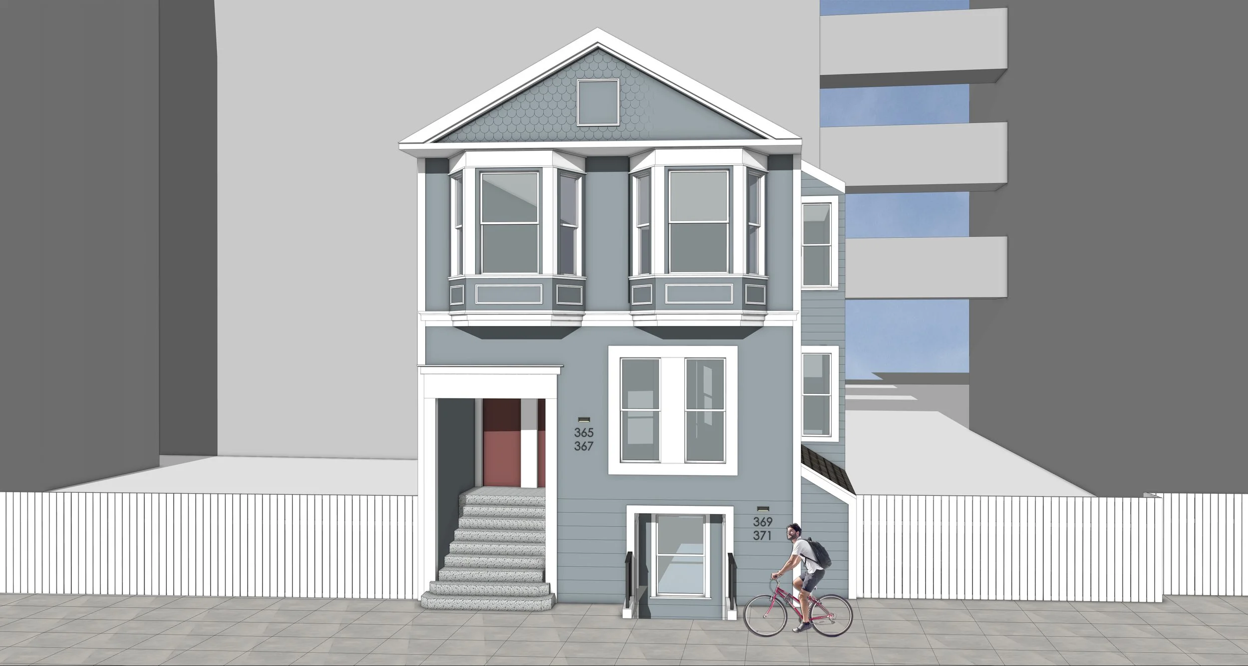 Surrounded on the left by an eight-story apartment complex with 200 rental units, and to the right and rear by three seven-story buildings totaling 136 rental units, our modest two-story historic house—built in 1907—stands out like the real-life ver
