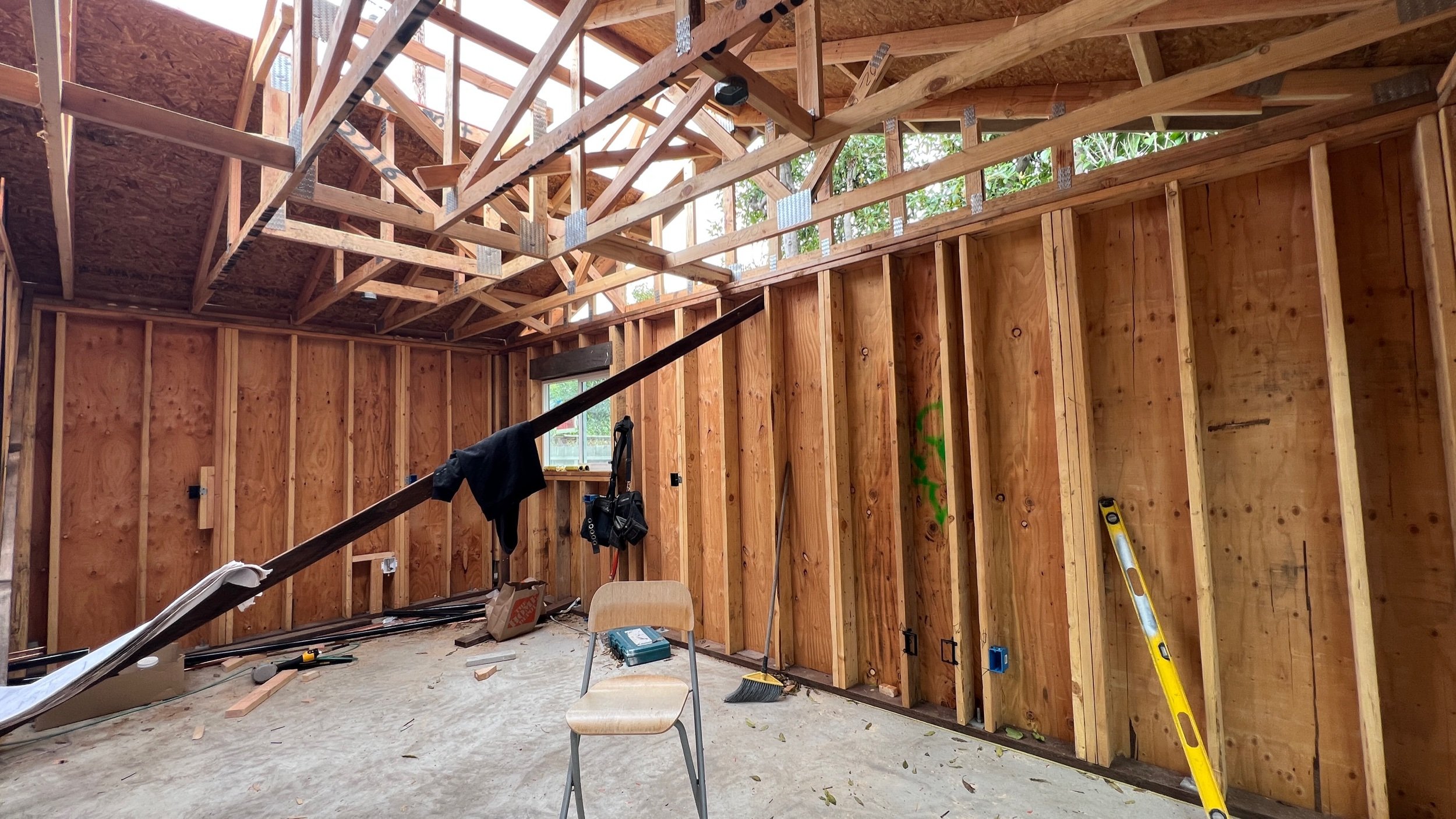 Good interior view at the trusses over our Kitchen. With careful planning, we are still able to accommodate a Kitchen skylight between the trusses.