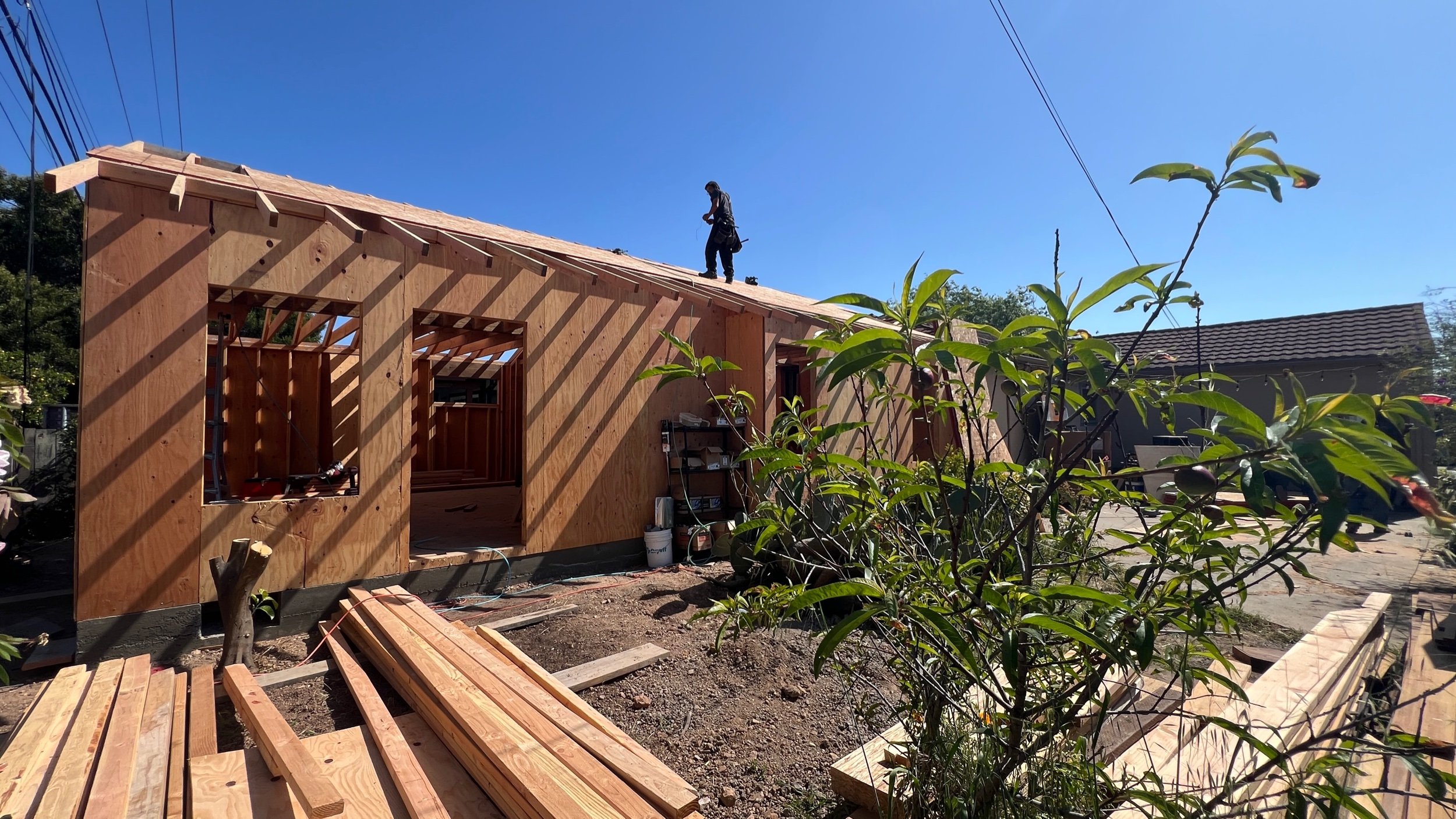 All exterior walls are up with the recessed face being our attached ADU entry wall.